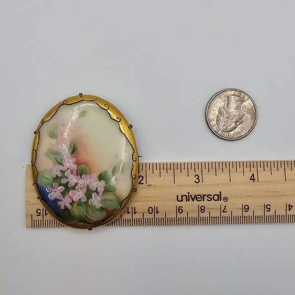 Antique Hand-Painted Porcelain Floral Brooch Victorian C-Clasp Pink Romantic Pin - Picture 12 of 13